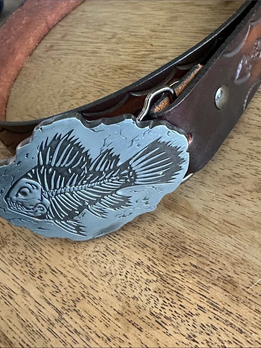 Country Western leather cowboy belt w buckle piranha fish buffalo nickel 44” new